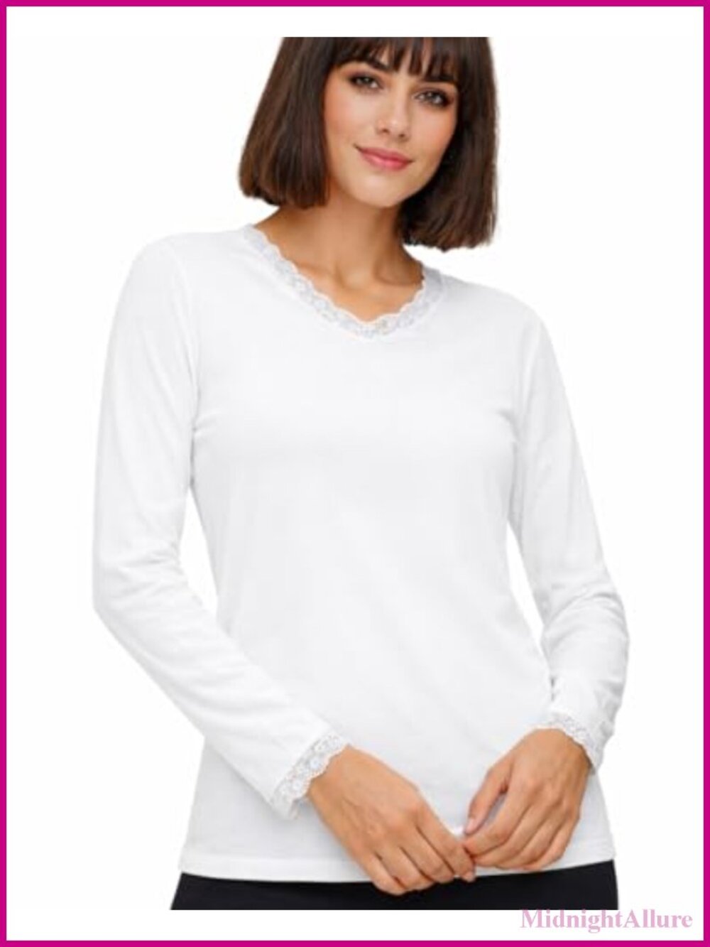 Women's Long Sleeve Lace V-Neck Underscrub Cotton Tee Layering Top